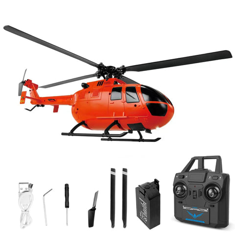 Orange 4 Channel RC Helicopter With Single Propeller No Ailerons 6 Axis Gyro Stabilization Altitude Hold and accessories