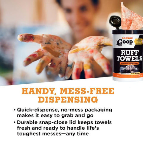 Person using Orange Heavy Duty Ruff Towels With Scrubbing Power 10 By 12 Inches Dual Textured Multi Purpose Cleaning Wipes for dirt on hands