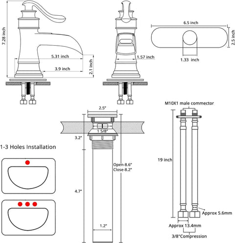 Technical drawing of Chrome Waterfall Bathroom Faucet With Single Hole, Single Handle Sink Faucet For Farmhouse Vanity installation guide.