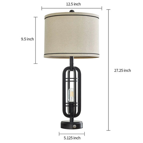 3 Way Dimmable Modern Touch Control Table Lamp with linen shade and built-in nightlight, 27.25 inch tall, front view with dimensions