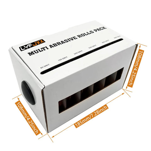 Emery Cloth Roll Set Six Grits 80 150 240 320 400 600 Pro Grade Heavy Duty in white packaging box with dimensions visible