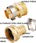 Close-up of Brass Garden Hose Repair Kit with 3/4-inch male and female connectors and stainless steel hose clamp.