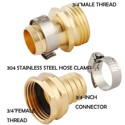 Close-up of Brass Garden Hose Repair Kit with 3/4-inch male and female connectors and stainless steel hose clamp.