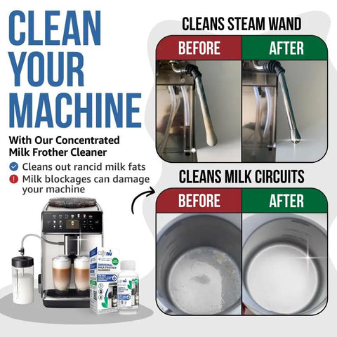 Universal Milk Frother Cleaner For All Coffee Machines Just Add Water No Fuss Deep Clean Milk Systems Steam Wands And Dairy Components Removes Milk Residue Extends Equipment Life Keeps Your Coffee Tasting Fresh. bottle and coffee machine before-after steam wand cleaning