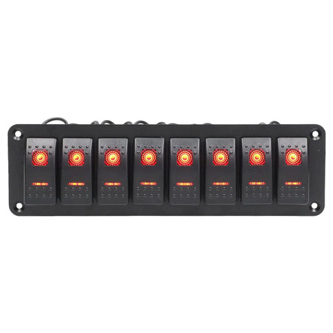 Front view of an Eight Gang Rocker Switch Panel With LED Backlit On Off And Overload Protection For Car RV Bus Marine Boat, 8 Individual Switches