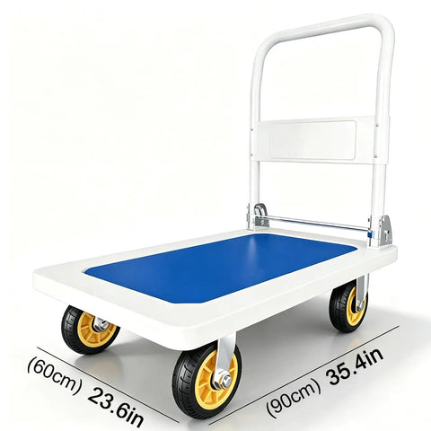 Heavy Duty Push Cart Dolly Platform Truck Hand Truck With 1212 Lbs Capacity, Wide 35.4 X 23.6 Inch Flatbed, 6 Inch Silent Rubber Wheels, Anti Slip Casters, Your Workhorse On The Job Load Carrier white steel frame with blue flatbed and four wheels