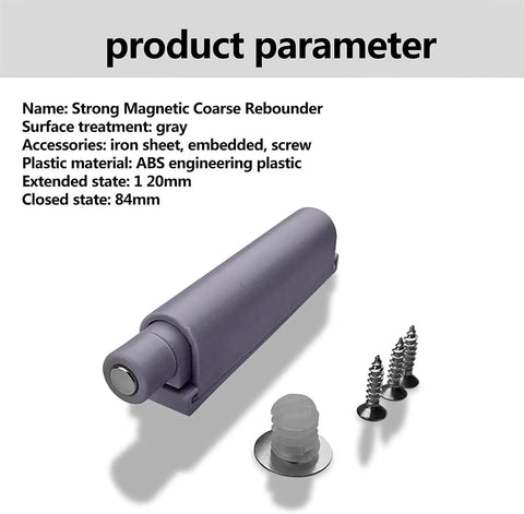 Pro Grade Heavy Duty Stainless Steel Magnetic Push Latch Soft Close Drawer Closer with screws and ABS plastic design.