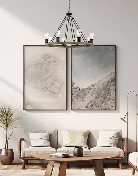 Rustic Wagon Wheel Chandelier With Eight Lights Large Farmhouse Round Kitchen Island Pendant In Smoked Birch Finish With Classic Black Accents Must Have Statement Piece Ceiling Light For Dining Room Or Entryway over living room