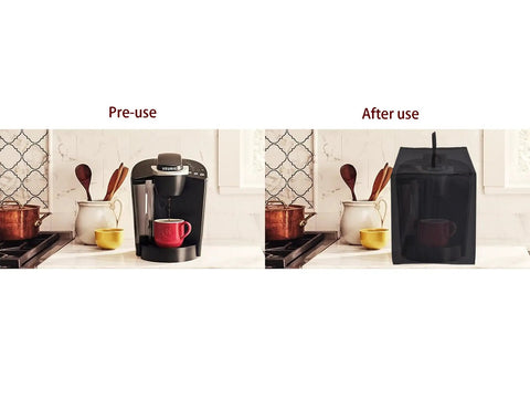 Waterproof Dust Cover for Coffee Makers Protects Keurig K Classic and K Compact Single Serve Machines Fits 6 to 10 oz Pods Keeps Your Brew Station Clean and Ready for Everyday Use showing pre and post use on a kitchen counter.