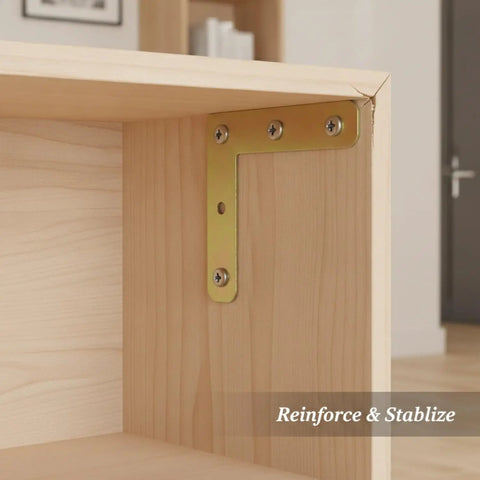 2.76 Inch Steel Right Angle Connector Bracket for 90 Degree Furniture Joints installed on a wooden shelf corner.