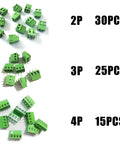 Green 2.54mm Pitch Screw Terminal Block Kit includes 70 pieces of 2P, 3P, and 4P connectors, PCB mount, Arduino DIY projects.
