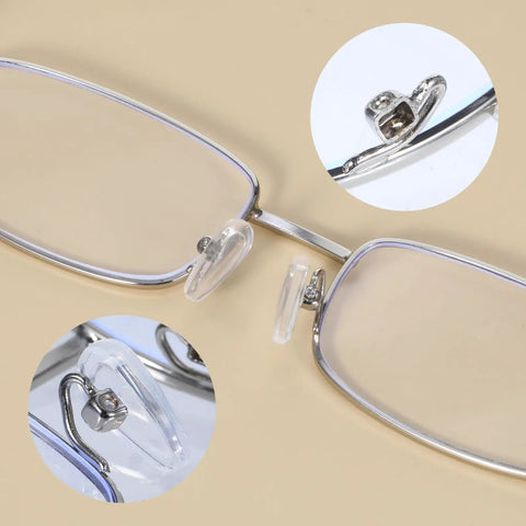 Close-up of eyeglasses with installed Six Pairs Silicone Eyeglass Nose Pads Set With Screws And Micro Screwdriver Transparent Soft Nose Cushions