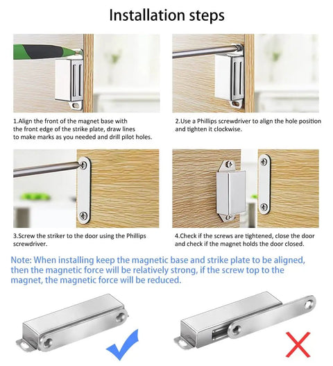 Installation steps for Heavy Duty Magnetic Door Catch Set 40 Lbs Pull Strong Magnet Cabinet Latches Magnetic Hardware