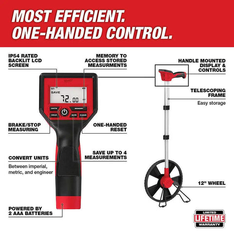 Killer Precision Digital Measuring Wheel With Twelve Inch Rolling Drum And Bright IP54 Backlit Screen display with controls and measuring features