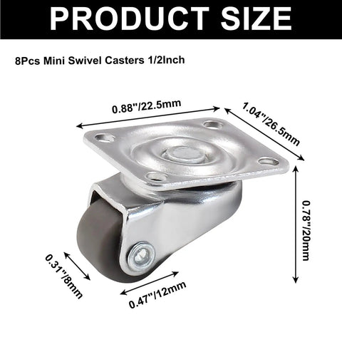 8 Pack Tiny Swivel Caster Wheels 1/2 Inch Diameter Low Profile Self Adhesive Steel Top Plate For Small Appliances Quiet Rollers Floor Safe Durable Rubber Wheels
