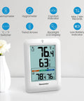 Indoor Outdoor Wireless Thermometer With Ultra Large Bold Display 24 Hour 48 Hour All Time High Low Readings Easy Setup For Nursery Home And Office Temperature Monitoring For The Fam white LCD thermo-hygrometer on desk