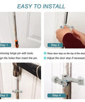 Step-by-step installation of Built Like A Tank Hinge Pin Doorstops 8 Pack Brushed Nickel Adjustables with tools and door hinge.