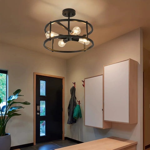 Black Semi Flush Mount Ceiling Light With Four Lights For Dining Room Kitchen And Bedroom Dope Vintage Farmhouse Industrial Close To Ceiling Chandelier For Sloped Ceilings Durable Metal Fixture