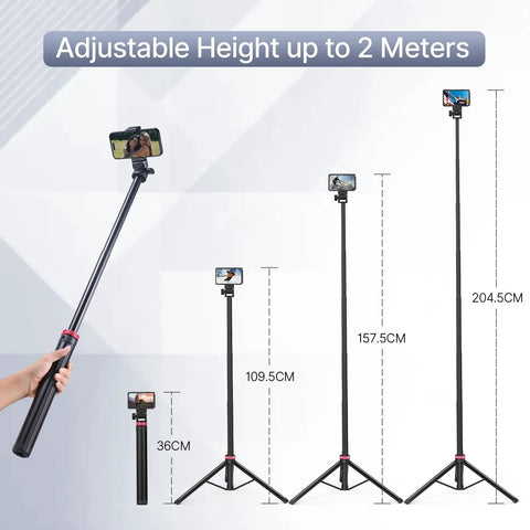 MT79 Extendable Aluminum Tripod Stand adjustable height demonstration, showing four extended positions with phones attached