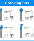 Detailed view of grooving bits: Cove Box Bits, 90° V Grooving Bit, and Dovetail Bit. Part of Badass 15 Piece Router Bit Set.
