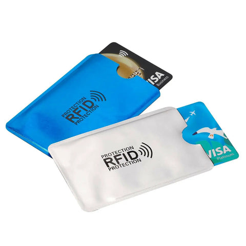 RFID Blocking Sleeves Set With 16 Pieces 10 Credit Card Holders And 4 Passport Protectors Identity Theft Protection shown with credit cards