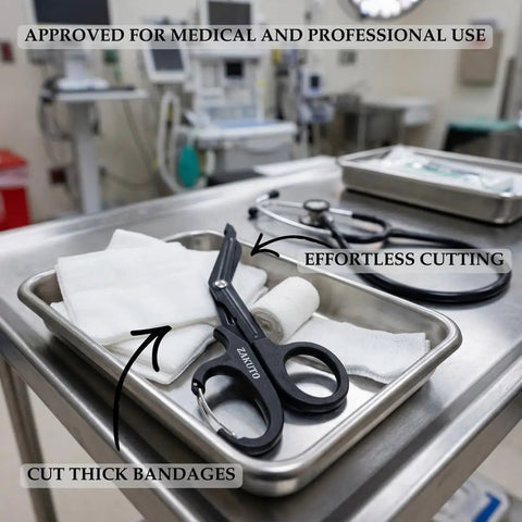 Two Pack 8 Inch Trauma Shears With Carabiner Clip For EMS Crews, Nurses, And First Responders, Heavy Duty EMT Medical Scissors For Ambulance Or Hospital Use, Durable Medical Shears You Can Carry On The Go, black on tray