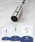 Tohlar Brushed Nickel Kitchen Faucet with Pull Down Sprayer showing flow mode switch and spray options on countertop.