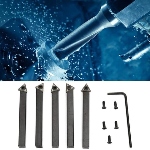 Heavy Duty 5 Pack Quarter Inch Indexable Carbide Insert Set With Hex Wrench And Screws For Metal Lathe Turning facing different angles.