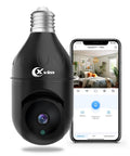 3MP WiFi Bulb Camera System With E26 Screw Base Wireless Home Surveillance 360 Degree Panoramic Lens Night Vision Plug and Play Setup 2.4GHz WiFi Only No Wiring Indoor Security Camera next to smartphone app display