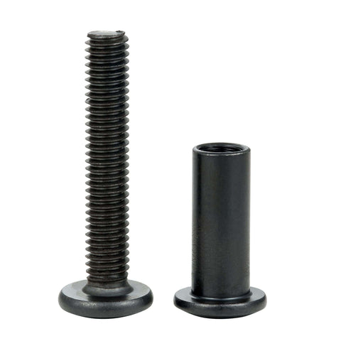 40 Sets Black M6 Bolts And Nuts Cap Nuts Assortment Kit With 2 Matching Drive Tools For TV Stands Cribs Leather Goods Belts Purses Saddles And More Hardware Replacement - Close-up of a black M6 bolt and barrel nut on a white background.