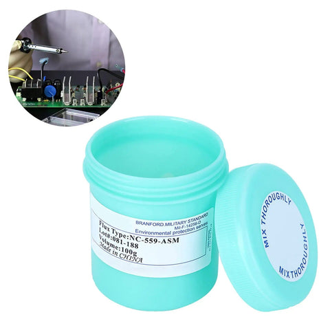 Open jar of 100 Gram No Clean Solder Paste For Phone Repair And PCB Rework NC559 28um Formula With Low Smoke Emission