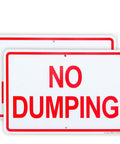 Two Heavy Duty Aluminum No Dumping Signs, 10x7 inches, white with red lettering, designed to prevent illegal dumping outdoors.