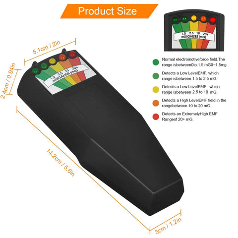 EMF Meter With 5 LED Magnetic Field Detector For Home Office And Outdoor Inspections showcasing dimensions and LED indicator.