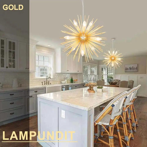 9 Light Gold Sputnik Chandelier for living room, bedroom, dining room, kitchen hallway office fully dimmable ceiling light fixture