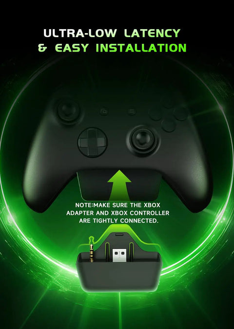 Black Xbox controller with adapter, highlighting connection for Wireless Gaming Headset For Xbox Series X S And Xbox One And PlayStation.