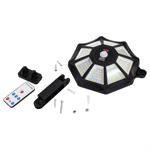 Solar Flood Light 168LED Motion Sensor IP66(168LED) with remote control, mounting bracket, and screws, showcasing LED design.