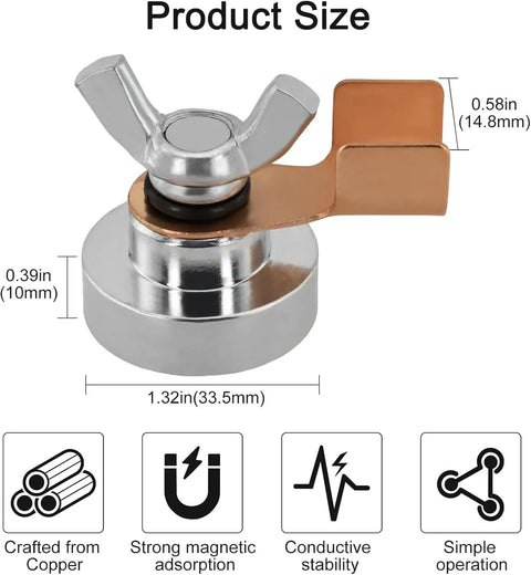 Five Piece Magnetic Welding Ground Clamp Set That Slaps Securely To Any Metal For Heavy Duty Jobs With Zero Hassle And Total Grip For Pros Who Need Reliable Grounding Fast, close-up view of a copper and metal clamp.