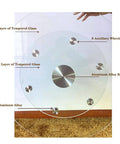 Transparent Tempered Glass Lazy Susan Turntable with Silent Bearing showing layers and auxiliary wheels, aluminum alloy base.