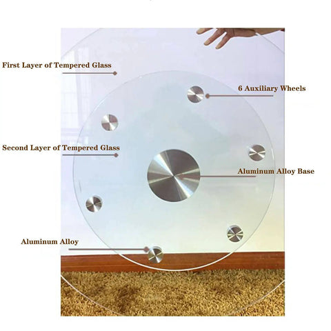 Transparent Tempered Glass Lazy Susan Turntable with Silent Bearing showing layers and auxiliary wheels, aluminum alloy base.