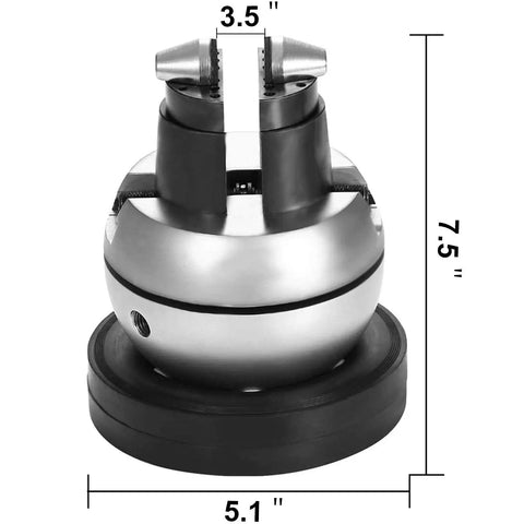 Badass 5 Inch Ball Vise With 360 Degree Swivel Head And 34 Piece Jewelry Setting Attachments Solid Stainless Steel workbench vice, dimensions 3.5x5.1x7.5 inches.
