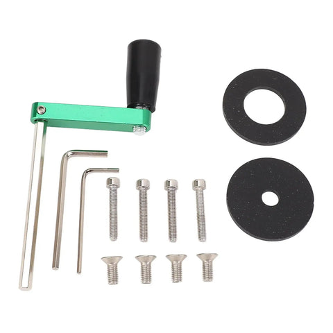 Adjustable Router Lift System With Heavy Duty Aluminum Base Plate And Manual Depth Control For Weekend Warriors featuring green handle parts and screws.