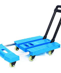 Heavy Duty Rolling Flatbed Cart Folding Platform Dolly With Six Super Grippy Wheels And Adjustable Handle, blue plastic design