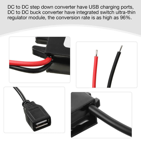 Close-up of 12V To 5V USB Buck Converter Module For Cars, showing USB port and wiring details