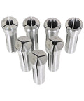 Spring Collet Set R8 Size One Eighth To Seven Eighths Inch In Steel Seven Piece Kit for CNC Milling, steel collets arranged upright