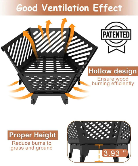 Diagram showing twenty two and a half inch portable hexagon fire pit with travel bag smokeless patented hexagon design