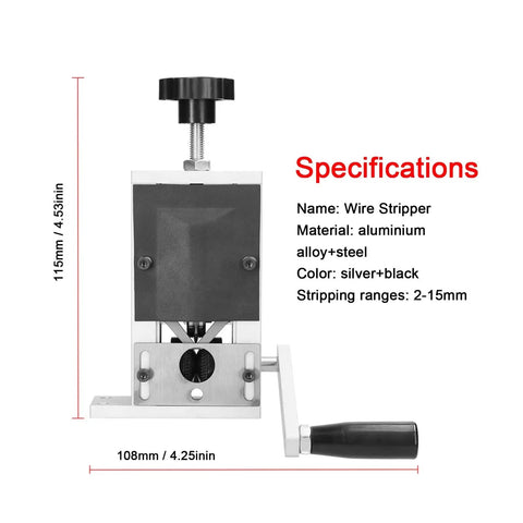 Heavy Duty Manual Wire Stripper Machine With Hand Crank Adapter For Electric Drill, aluminum and steel construction, strips 2-15mm cables.