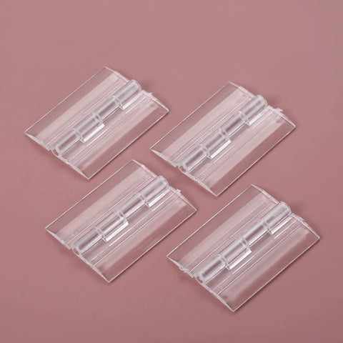 Set Of Four Clear Acrylic Folding Hinges 45x35mm Mini Hinge Hardware For Furniture Cabinets Doors Jewelry Boxes Tool Boxes And More DIY Friendly Easy Install Flexible Folding Design on display.