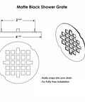 Diagram of Matte Black 4 1/4 Inch Snap-In Shower Drain Cover Round Grate Replacement 4.25 Inch OD Strainer, solid brass