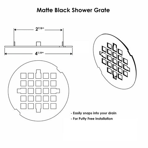 Diagram of Matte Black 4 1/4 Inch Snap-In Shower Drain Cover Round Grate Replacement 4.25 Inch OD Strainer, solid brass