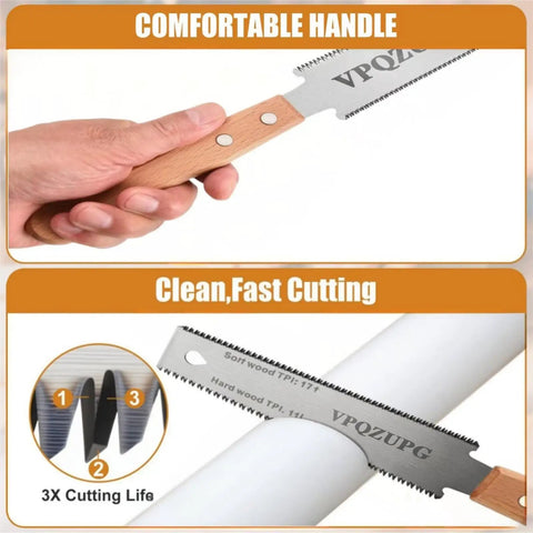 Japanese Pull Saw 6 Inch With Wood Handle, Lightweight Hand Saw For Woodworking, Double-Edged Blade 17 TPI Hard Wood And 11 TPI Soft Wood, SK5 High-Carbon Steel For Precise Easy Cuts, beech handle close-up